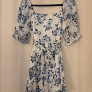 Blue Floral Puff-Sleeve Midi Dress - White & Blue
